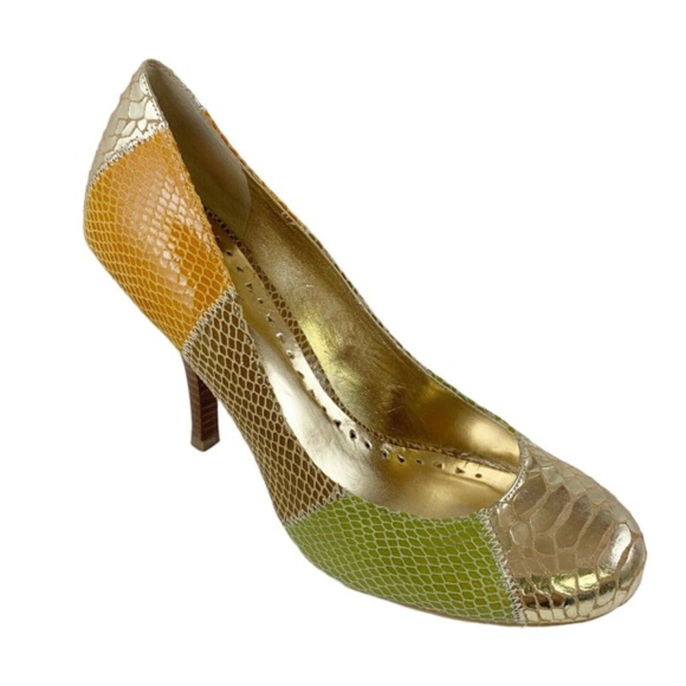 BCBG PARIS Gold Bosley Pump Heels Reptile Multicolor Embossed Leather Shoe 8.5